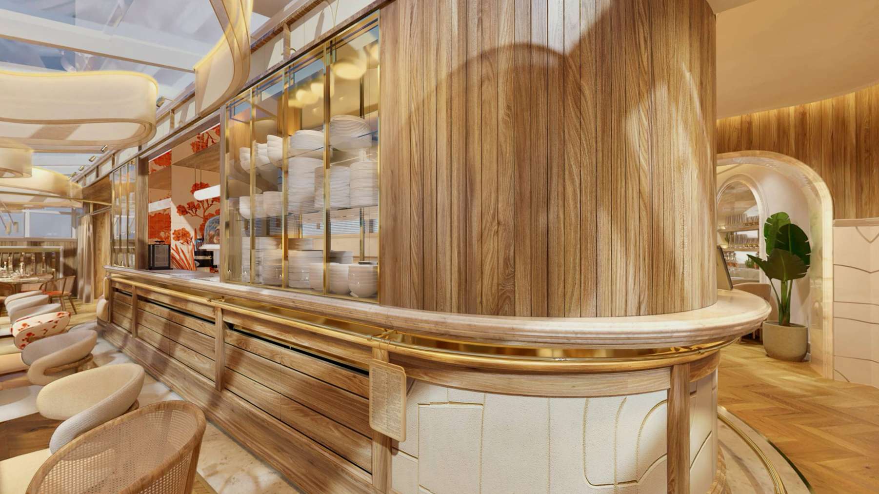 Counter-ul oval al barului Pergola — lemn, marmură și profiluri din alamă