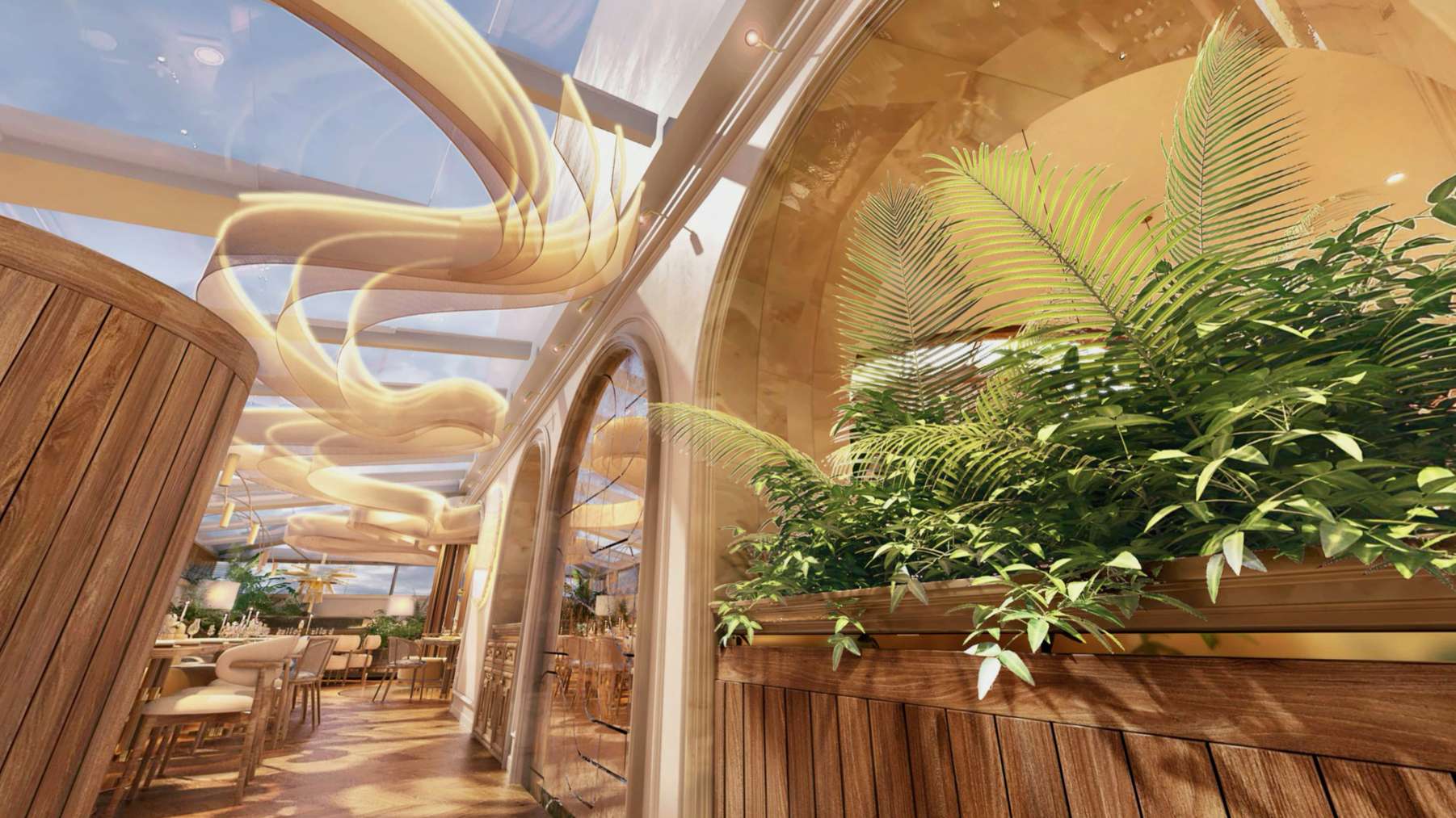 Arcadele și tavanul vitrat al verandei Pergola — lumină naturală și plante tropicale