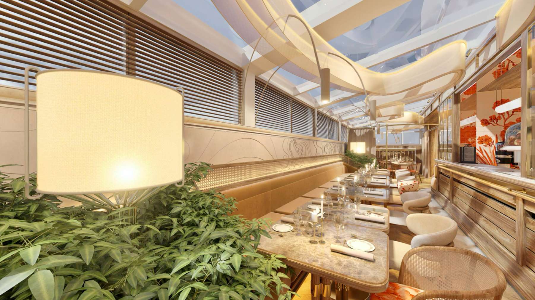 Vedere de ansamblu a sălii principale Pergola aranjate pentru o masă de grup