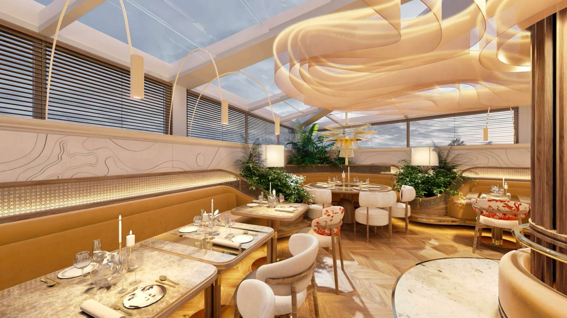 Zona lounge a verandei Pergola — fotolii albe și canapele mustard sub tavan de sticlă